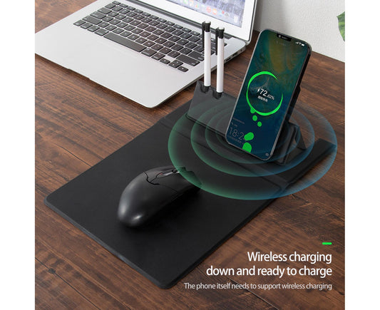1 Set Wireless Charger Pad 15 W Delicate Texture Pen Storage Fast Induction with Mouse Pad QI Standard Folding Multifunctional Wireless Charger - Black