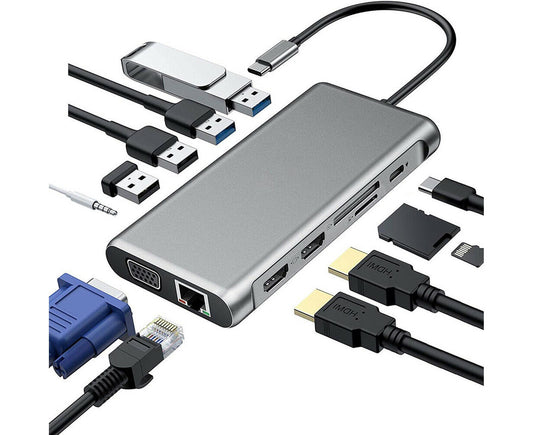 12 in 1 Multi-Interface Connection Type-C Expansion Dock Dual HDMI-compatible Converter - Grey