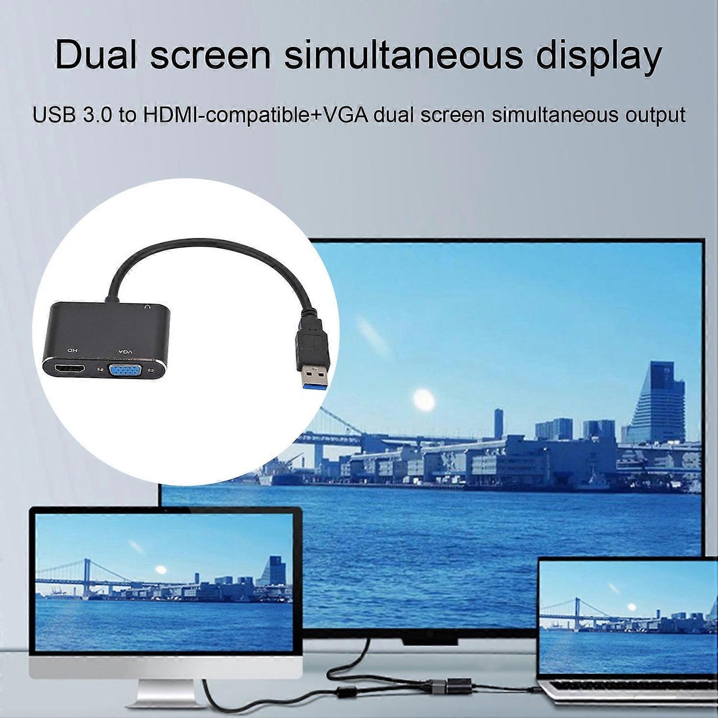 USB-C to HDMI/VGA Dual Monitor Adapter Plug & Play