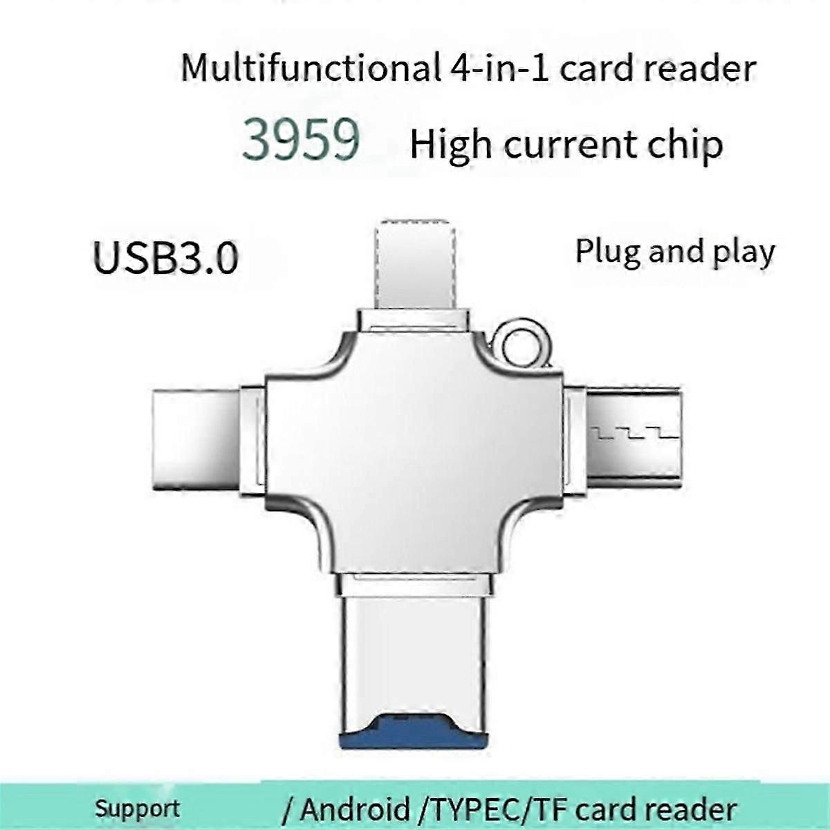 4-in-1 Memory Card Reader: Type-C OTG for iPhone/Laptop/PC, iOS & USB-A