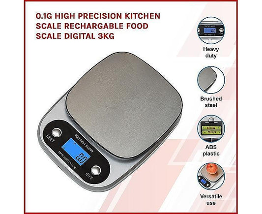 0.1g High Precision Kitchen Scale Rechargable Food Scale Digital 3KG One Size