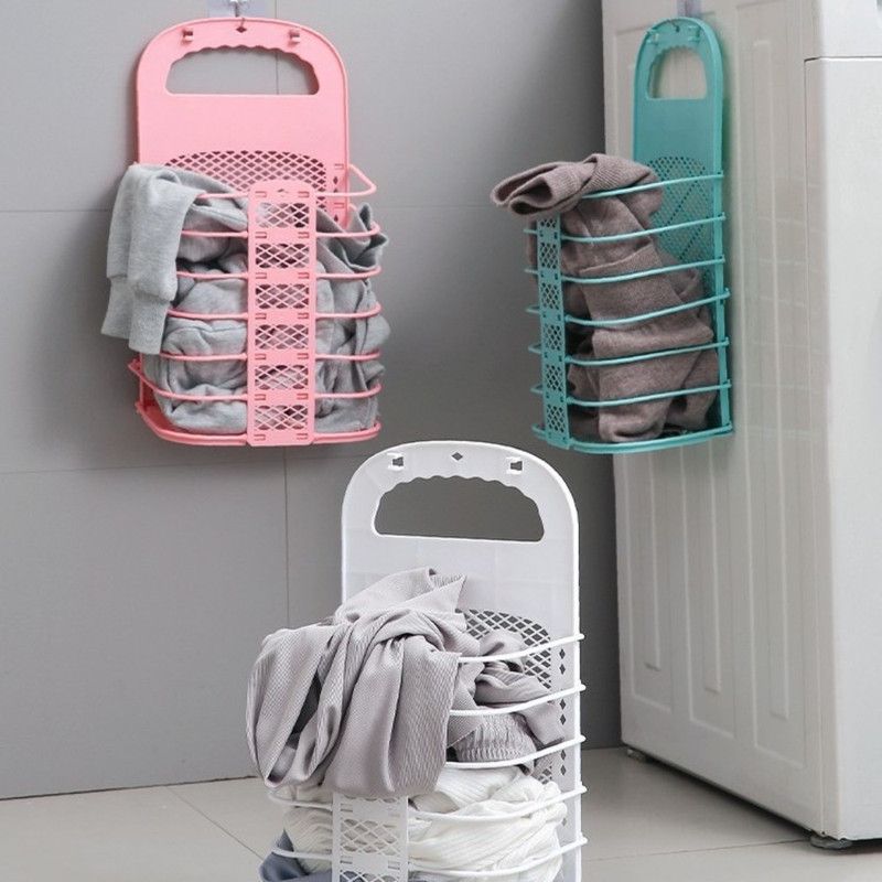 Wall-Mounted Foldable Laundry Basket, No-Drilling Hanging Dirty Clothes Hamper for Bathroom - White