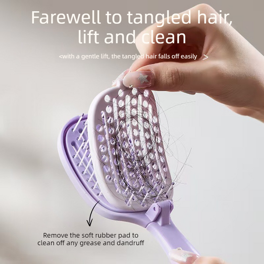Self-Cleaning Foldable Vent Hair Brush, Portable Detachable Volumizing Scalp Massage Comb—Black + Pink