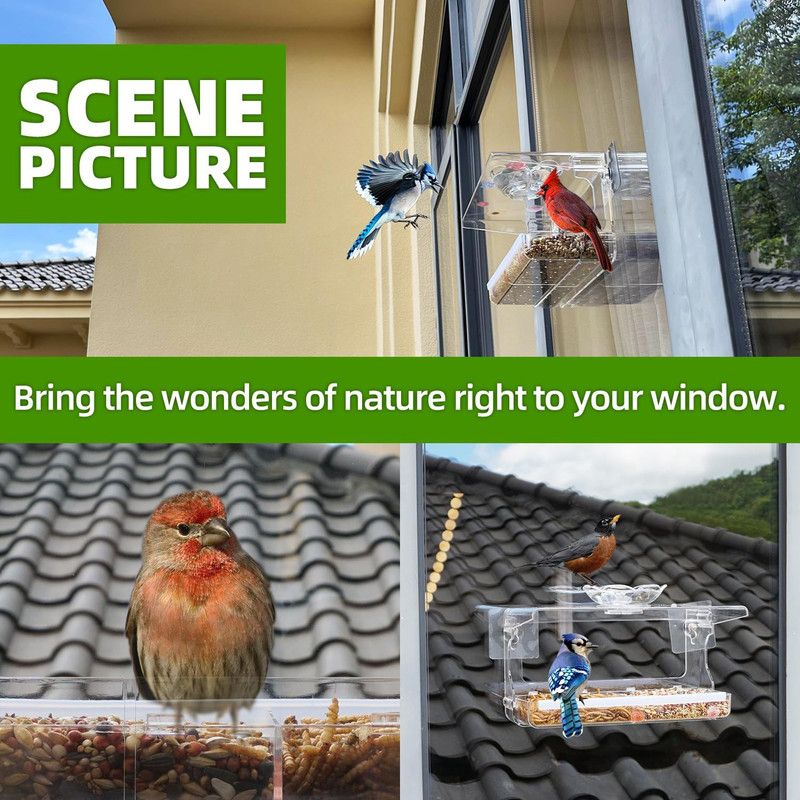 Window Bird Feeder with Non-Marking Self-Adhesive Hooks, Clear and Transparent, Outdoor Wild Bird Watching Gift, Garden Decor