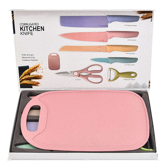7 PCS Wheat Straw Knife Set Chef Knife Bread Knife Peeling Knife Scissors Peeler Cutter Kit with Chopping Board