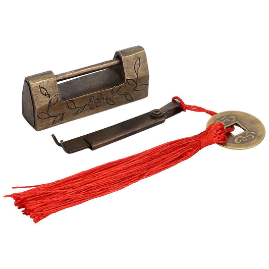 Chinese Antique Lock Retro Classic Pattern Design Bronze Brass Material 5x2cm/2.0x0.8in Horizontal Padlock for Boxes