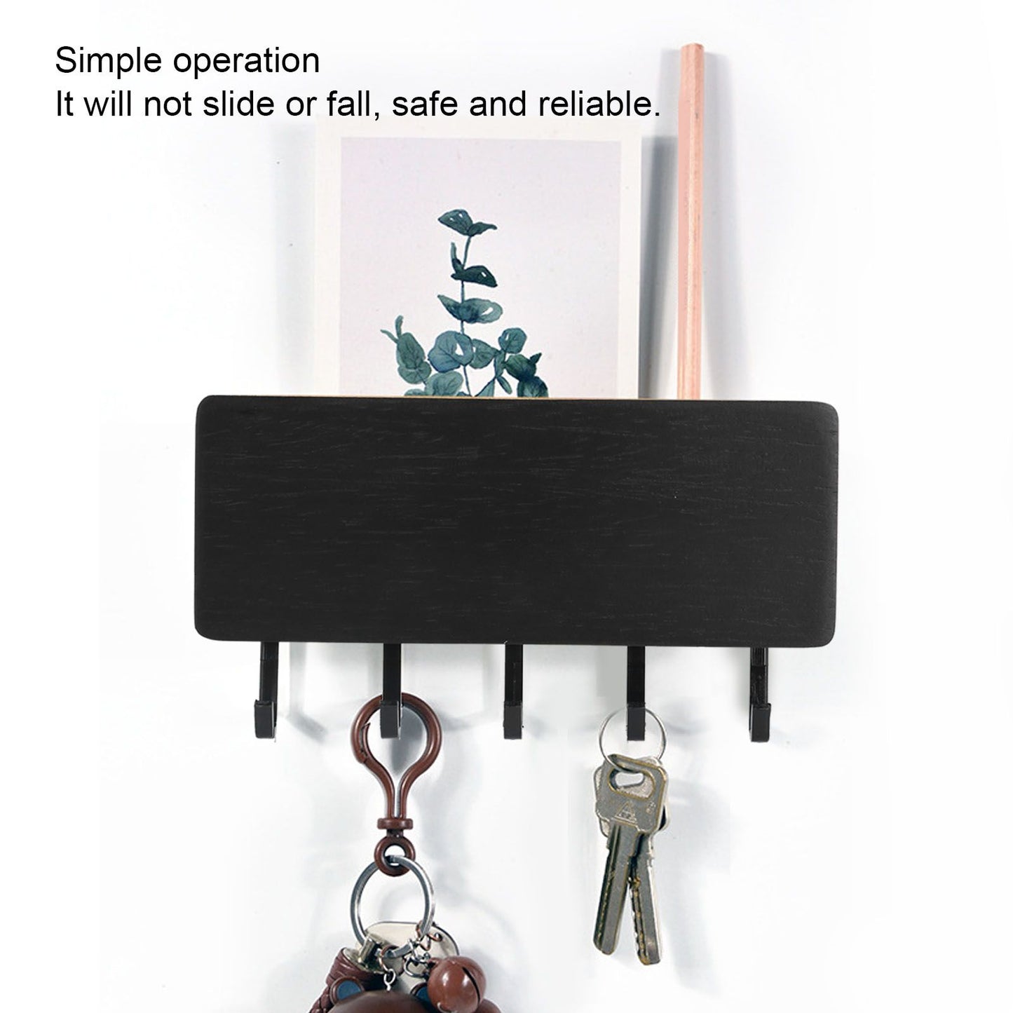 Wall Mounted Key Holder Bamboo Modern Anti Slip Key Hanger for Home Office Living RoomBlack