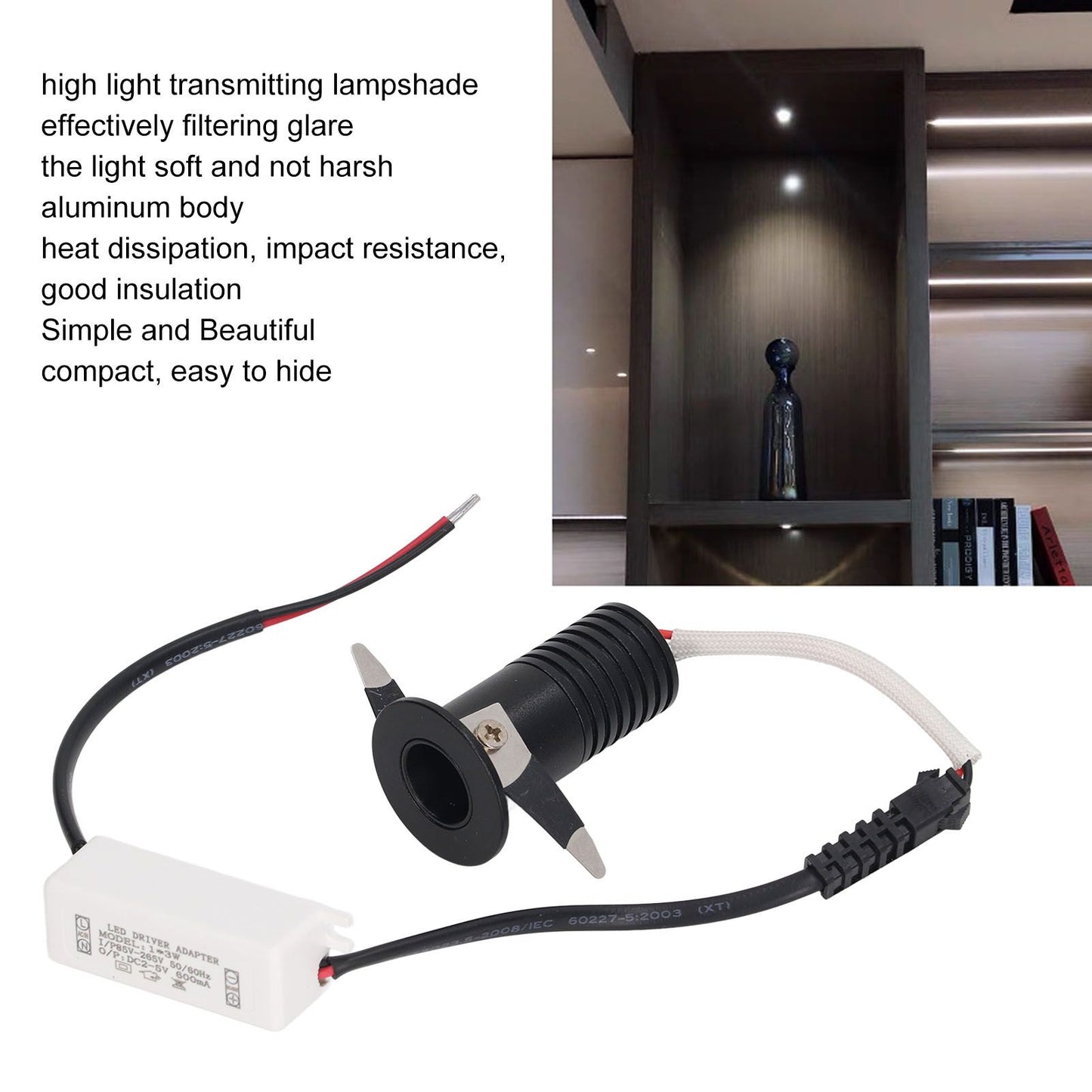 3W LED Recessed Spotlight Mini Under Cabinet Light Downlights with LED Driver for Kitchens Cabinets Ceilings AC85‑265V White Light 6000K