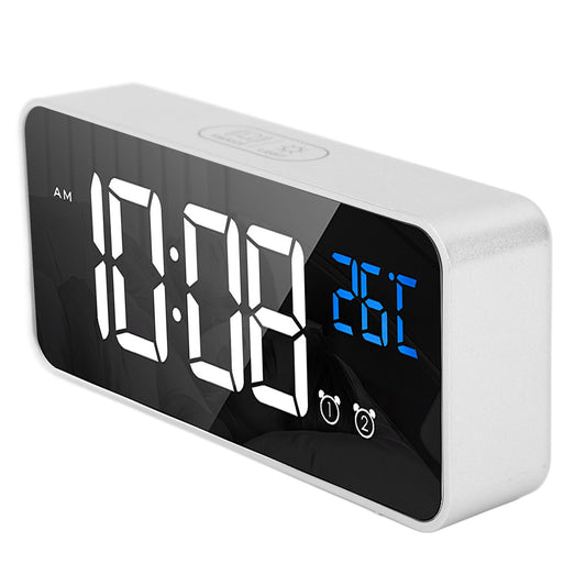 Mirror LED Alarm Clock Two Sets of Alarm Rechargeable Voice Activated Digital Clock for Bedrooms Bedside Desk Silver