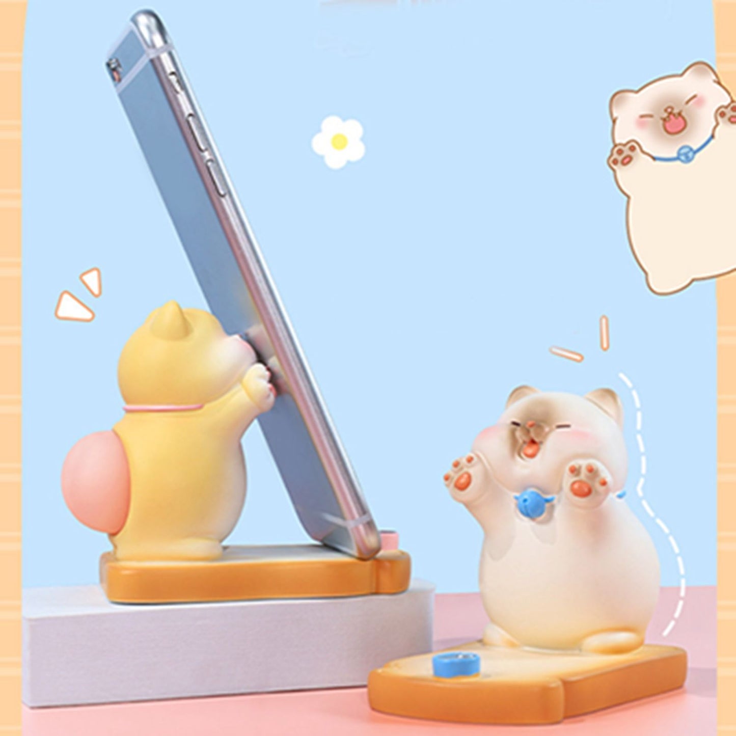 Cute Cat Cellphone Holder Resin Mini Portable Mobile Phone Stand Desk Ornament for Bedroom Office Ginger