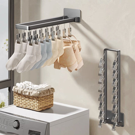Socks Hanger Wall Mounted Foldable Windproof Zinc Alloy Clip Drying Rack for Underwear Towel 16 Clips (43.3cm/17in)