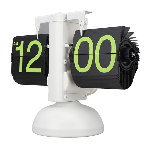 European Style Retro Digital Flip Down Clock 304 Stainless Steel Auto Mechanical Digital Flip Desk Clock for Home Livingroom 12 Hours White Frame Green Number