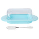 Round Edge Plastic Butter Storage Box Cheese Dessert Bread Server Keeper with Transparent Cover KnifeBlue