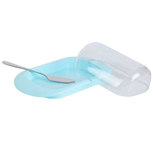 Round Edge Plastic Butter Storage Box Cheese Dessert Bread Server Keeper with Transparent Cover KnifeBlue