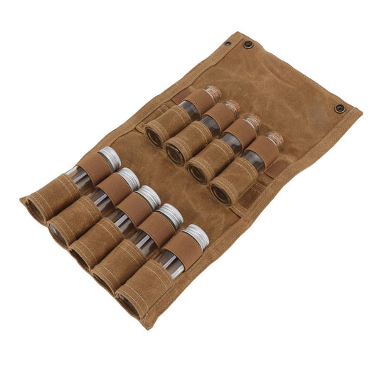 Spice Bottle Bag Wet Wax Canvas Portable Seasoning Storage Bag with 9 Glass Seasoning Bottle for Outdoor Camping Khaki