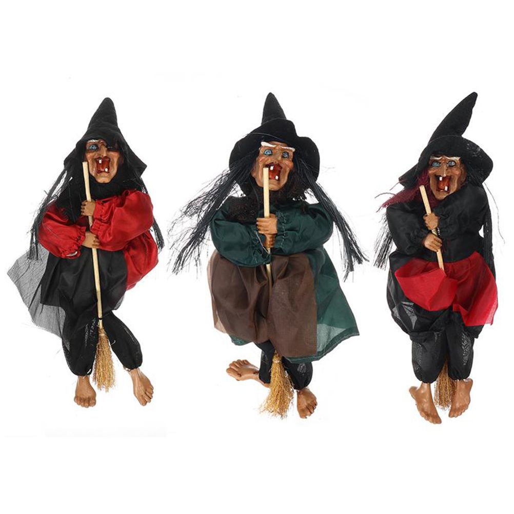 Halloween Hanging Witch Dolls Voice Control Prop Animated Ghost Scary Riding Broom Wall Hanging Party Outdoor Home Decoration Toy