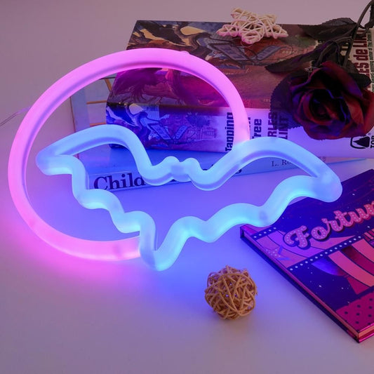 Halloween Neon Signs Moon and Bat LED Neon Lights USB Battery Powered Neon Light Sign for Wall Decor Room Bar Party Kids Gift