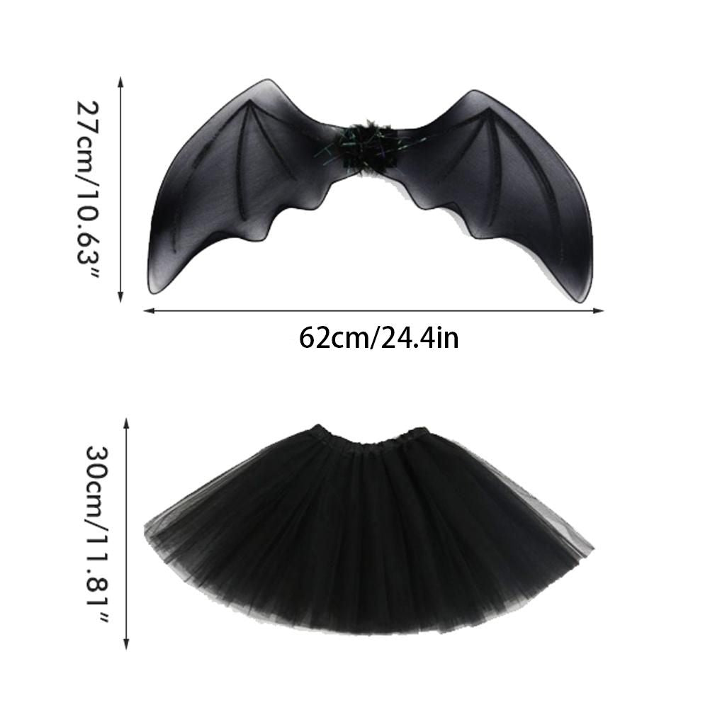4Pcs Girls Halloween Cosplay Costume Dress Up Dress Black Mesh Skirt with Headband Bat Wing Wand Halloween Party Cosplay Props