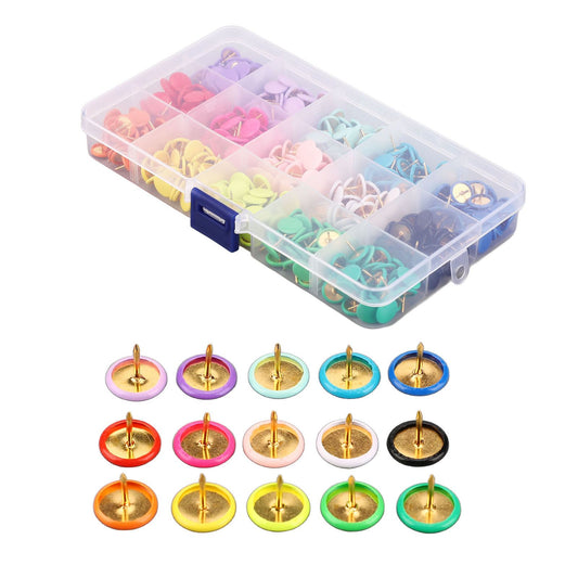 1 Box Thumb Tacks 15 Colors Colored Rubberized Flat Head Painting Decorative Tacks Push Pins With Clear Box for Corkboard