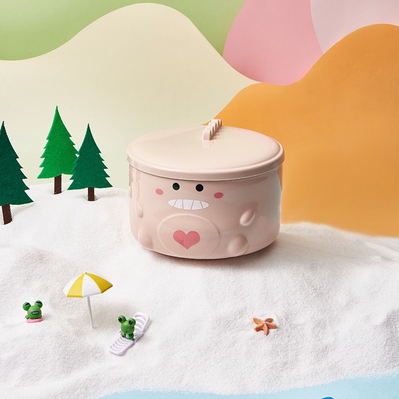 Cartoon Dinosaur Noodle Bowl Stainless Steel Inner Bowl with Handle and Lid for Home School Pink