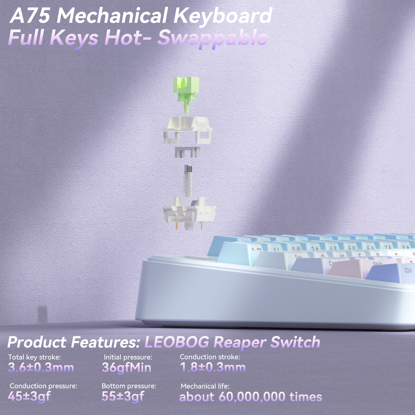 Solakaka A75 3-Mode RGB Mechanical Keyboard, Blue‑Purple