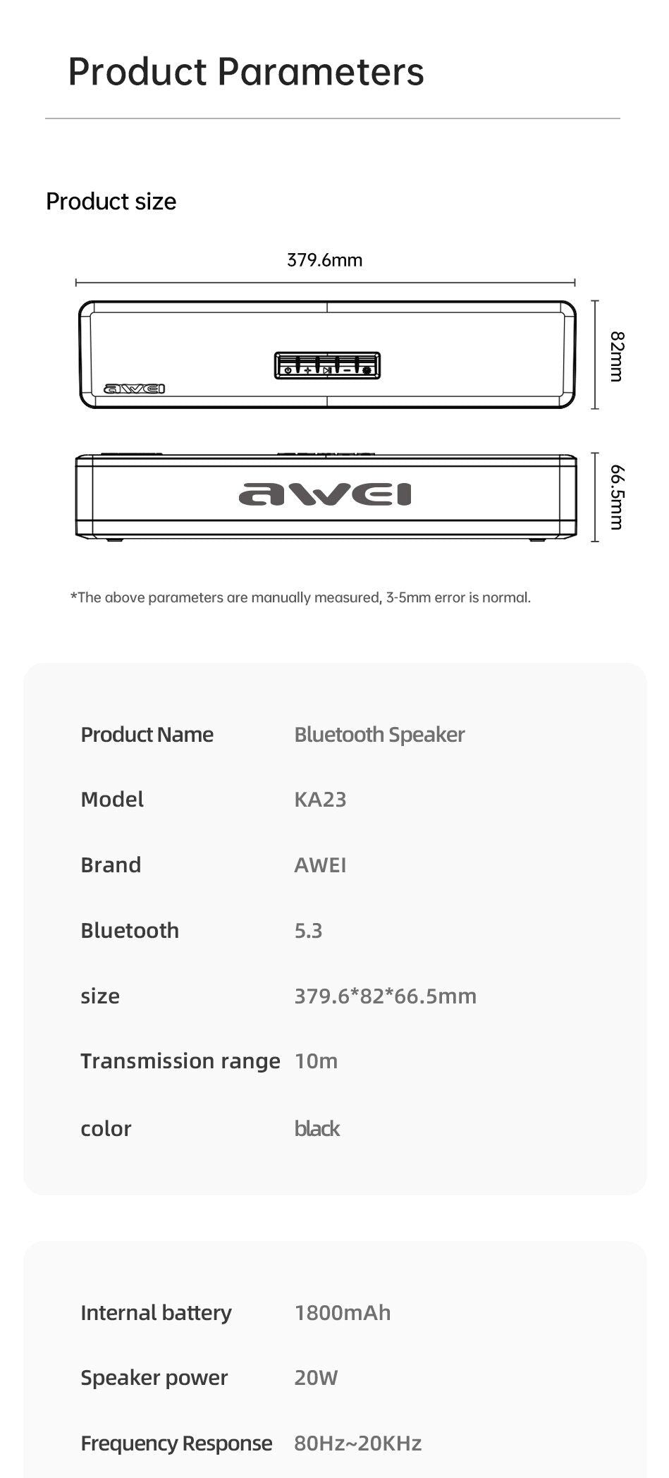 AWEI KA23 Wireless Bluetooth Soundbar, RGB Dynamic Lighting Stereo Speaker,black