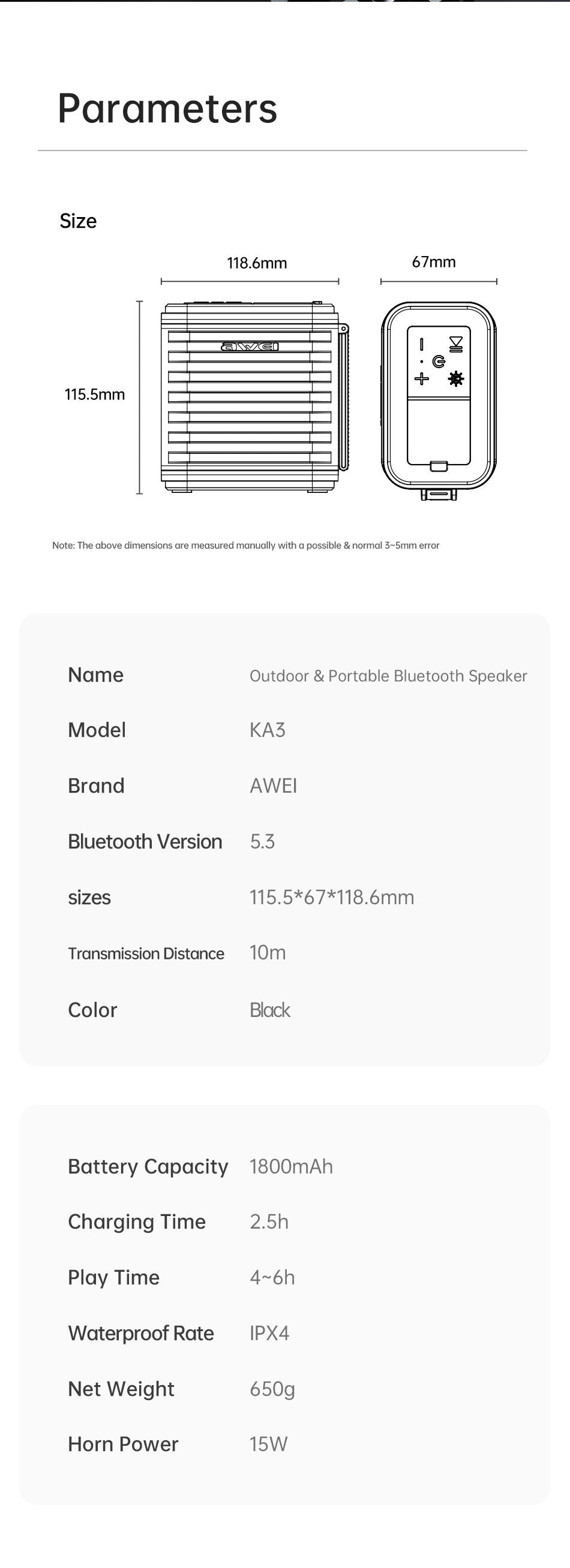 AWEI KA3 20W Wireless Bluetooth Soundbar,black