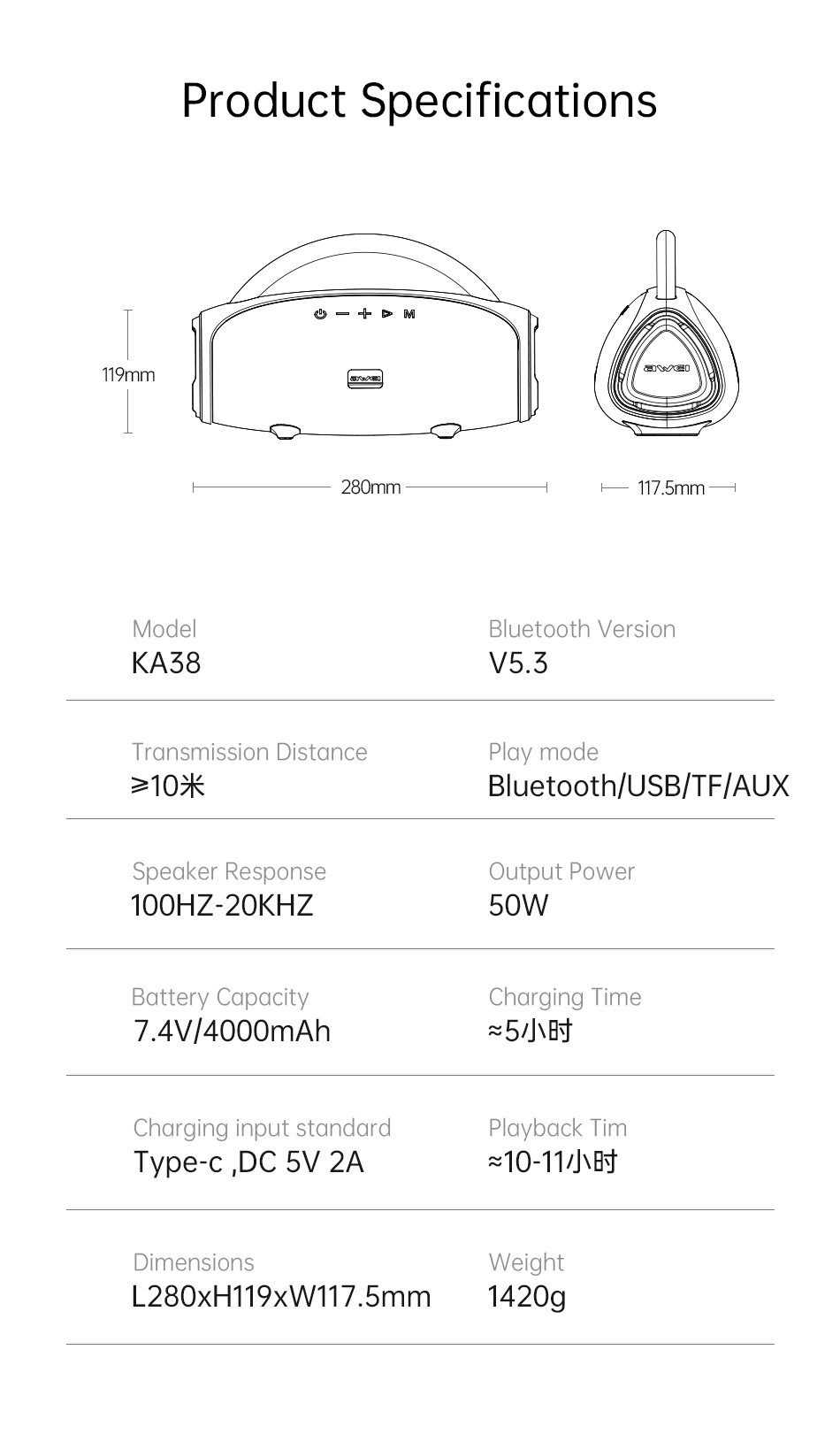 KA38 Wireless Bluetooth Portable Speaker,black
