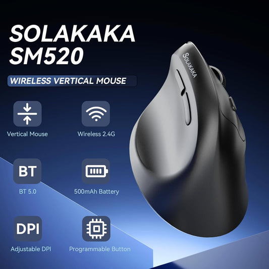SOLAKAKA SM520 Tri-Mode Vertical Ergonomic Mouse, 24000 DPI Programmable Wireless Vertical Mouse,black