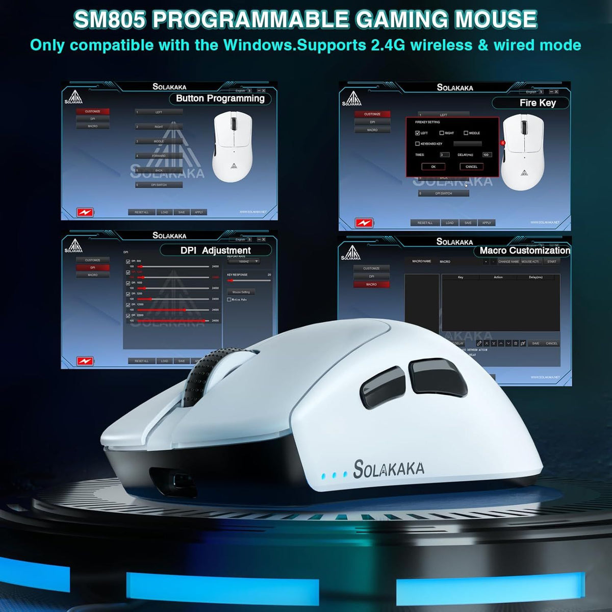 SOLAKAKA SM805 Tri-Mode Lightweight Wireless Gaming Mouse, 24000 DPI with Two Side Buttonsļ¼white