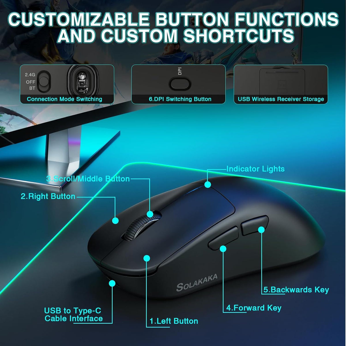 SOLAKAKA SM850 Ergonomic Tri-Mode Wireless RGB Gaming Mouse,black
