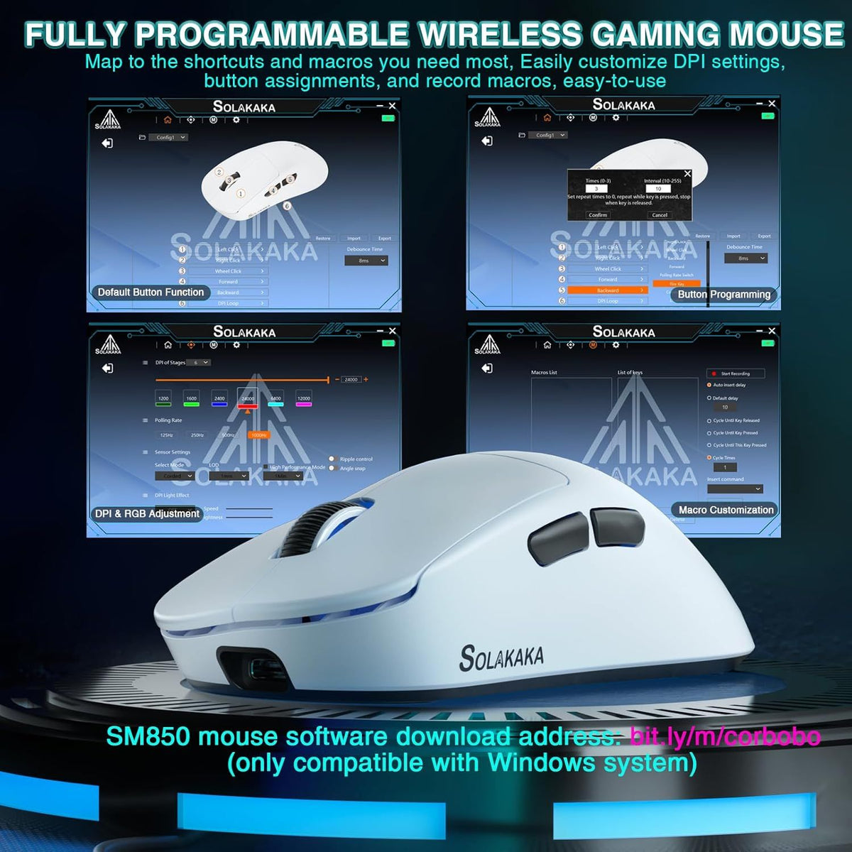SOLAKAKA SM850 Ergonomic Tri-Mode Wireless RGB Gaming Mouse,white