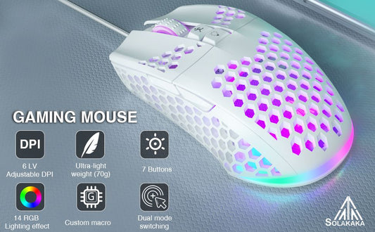 SOLAKAKA SM900 Wired Gaming Mouse with Honeycomb Shell,white