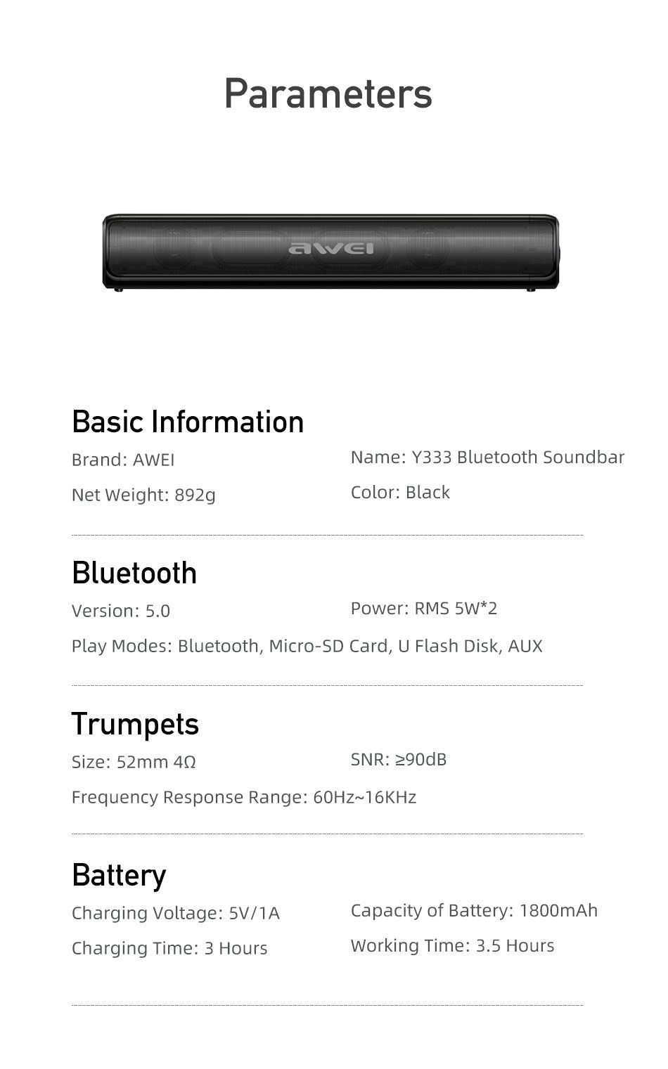 AWEI Y333 Desktop Soundbar, 10W Stereo Bluetooth Speaker with TWS Function,black