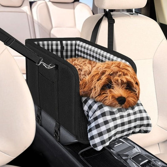Portable Pet Car Seat for Small Dogs & Cats, Foldable Center Console Pet Bed with Safety Tether, Anti-Slip Bottom, and Removable Cushion for Safe and Comfortable Travel in SUVs, Sedans, and Vans (Grey)