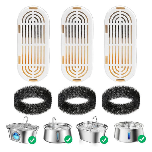 Replacement Filter Kit for Stainless Steel Pet Water Fountains – Activated Carbon & Ion-Exchange Resin 4-Layer Filtration, Removes Heavy Metals & Impurities, Compatible with Multiple Fountain Models (Filter×3)