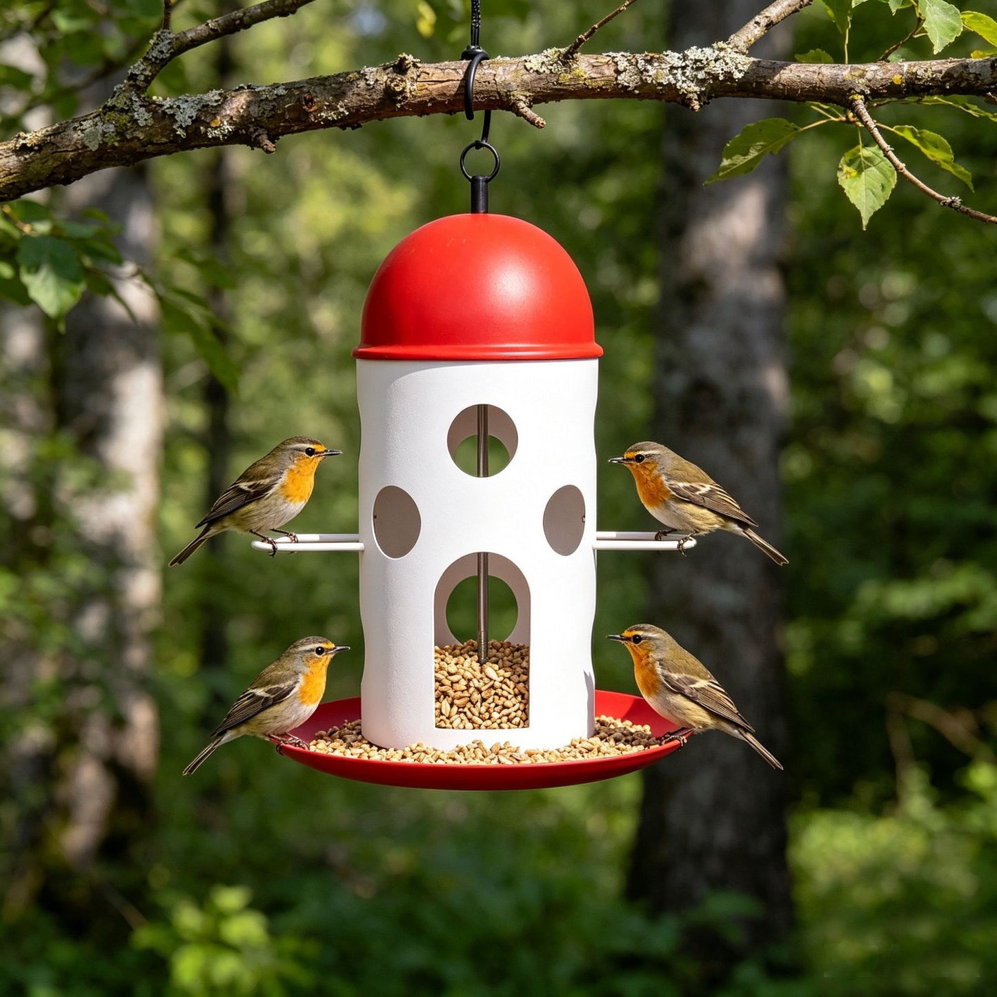 Hanging Bird Feeder with Red Dome Roof and Perch, Outdoor Wild Bird Feeding Station for Garden, Yard, Balcony, or Park Decoration and Bird Watching (Red)