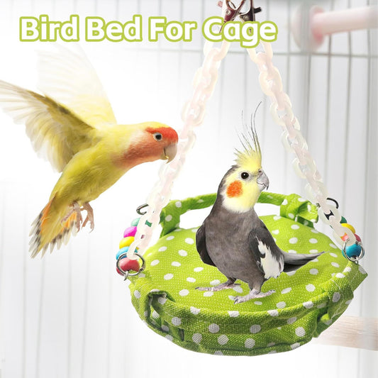 Hanging Parakeet Hammock,Medium Bird Beds for Cages Circle Bird Cage Hammock Swing,Green Cockatiel Sleeping Bed Nest Toy for Parrot Cockatoo Lovebird Conure Chain Cradle