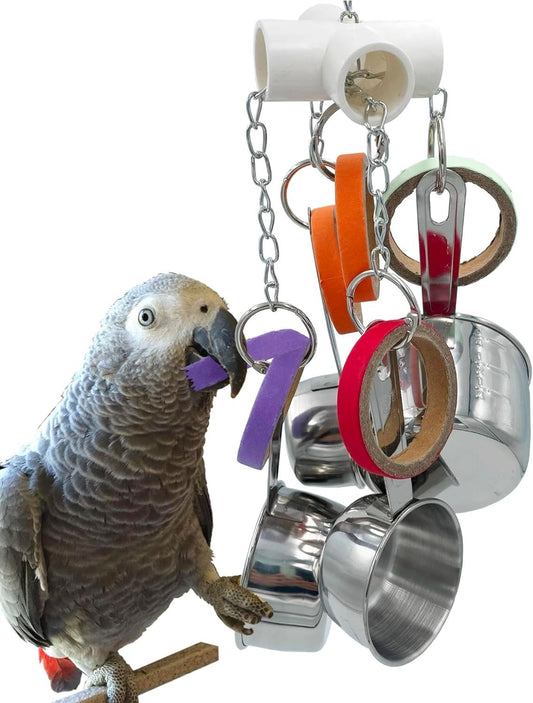 Durable bird parrot pot and bag toy, pullable stainless steel cup and cardboard ring toy, suitable for mini cockatoos, grey parrots, and cockatoos