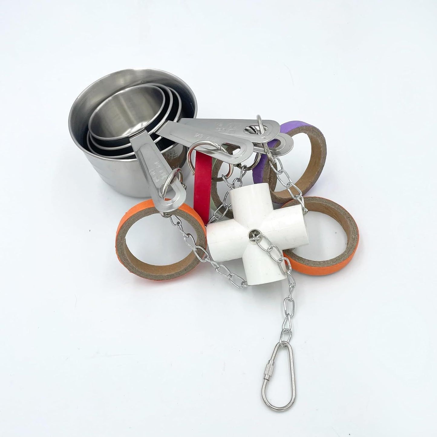 Durable bird parrot pot and bag toy, pullable stainless steel cup and cardboard ring toy, suitable for mini cockatoos, grey parrots, and cockatoos
