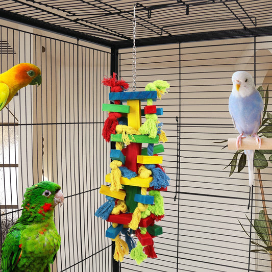 Bird Block Knots Tearing Toy- Multicolored Natural Wooden Parrot Chewing Toy Suggested for Macaws cokatoos, Grey and a Variety of Parrots