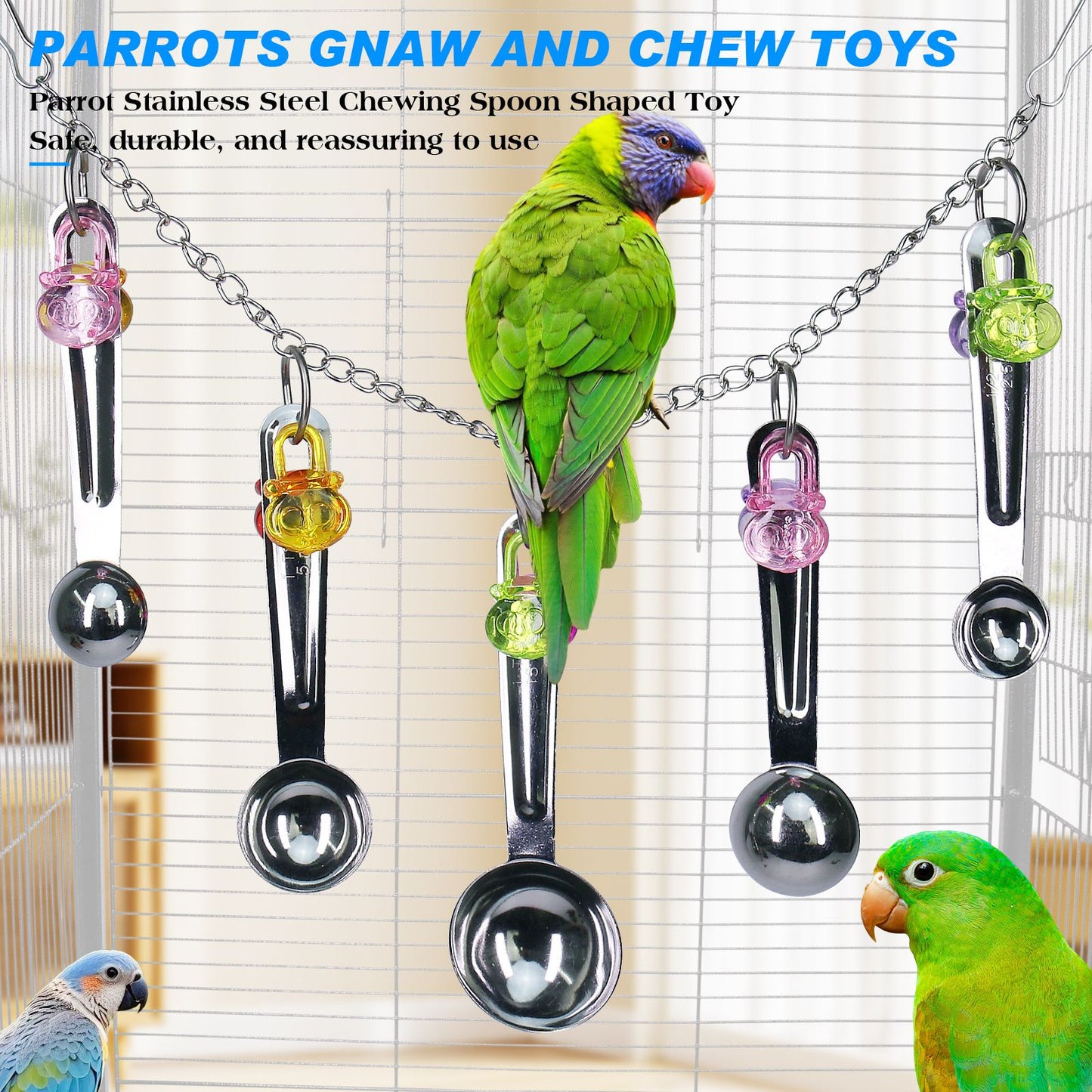 Bird stainless steel toy, safe and stable spoon chewing toy parrot, long tailed parrot, parrot, parrot colored pendant toy,