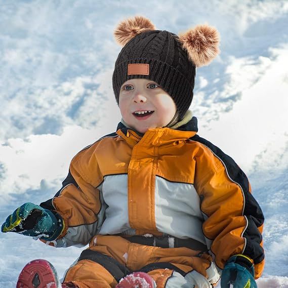 Kids Toddler Winter Pompom Hat Baby Knitted Beanie Hat Faux Fur Pom Beanie Cap for Girls Boys 1-3 Years Old