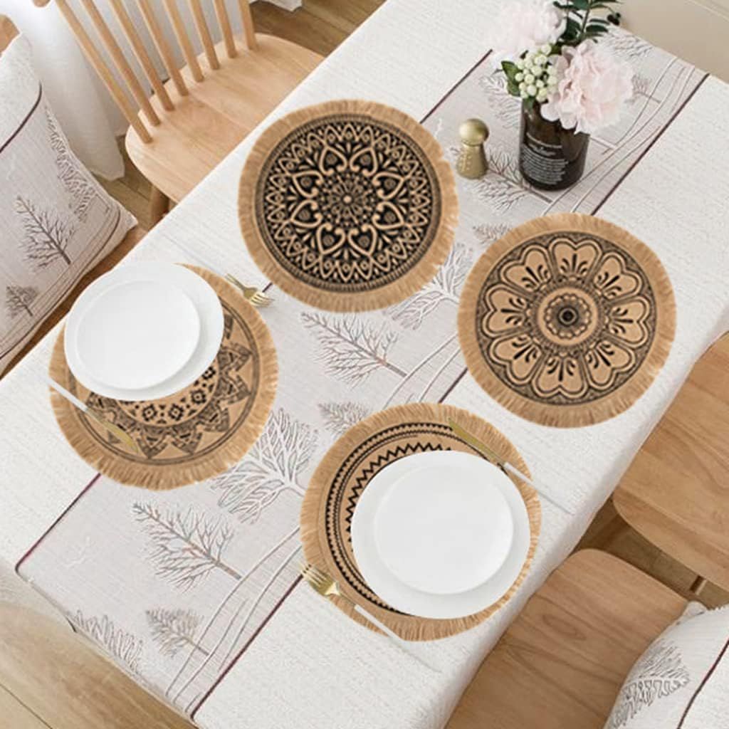 Set of 4 Woven Round Placemat Handmade Table Mats Woven Jute Tassel Mat RetroTable Decor Fringe Cotton Coffee Mat Waterproof