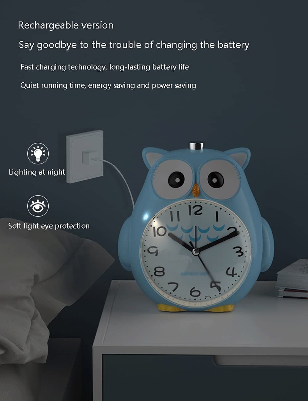 Creative Children's Alarm Clock, Cute Cartoon Bell Portable High-Volume Rechargeable Alarm Clock with Night Light,
