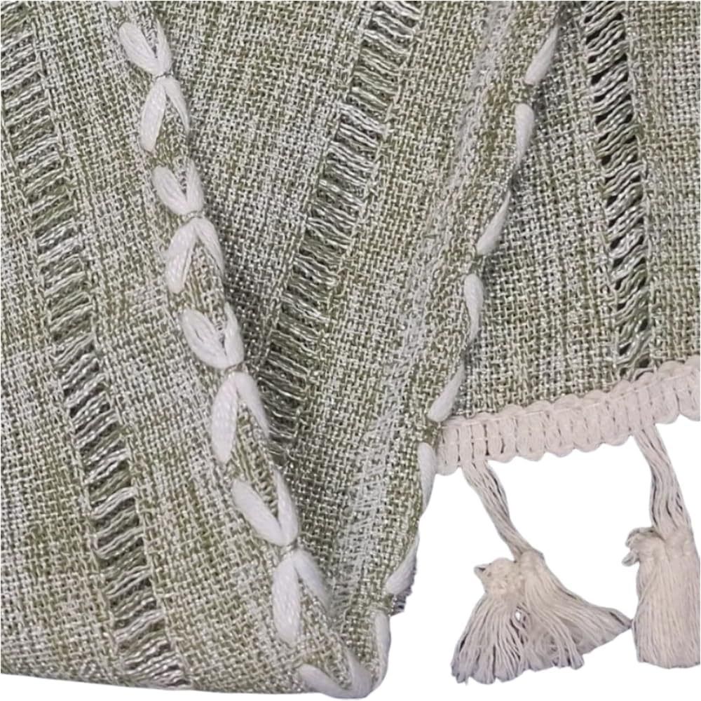 1PC Boho Style Green Rectangular Tablecloth with Tassel Stripe Pattern, Polyester Woven Desk Cloth for Dresser, Bedside Table, Cabinets, Home Furniture Dust Cover Decor 38x91cm