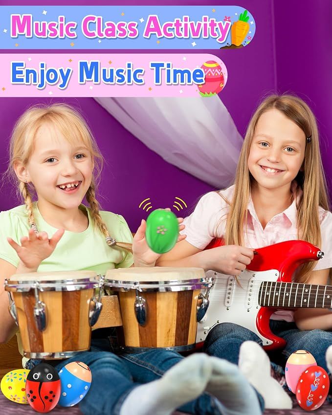 6 Pack Wooden Percussion Musical Shaker Prefilled Easter Eggs with Toys Inside Filled, Toddlers Easter Basket Stuffers Egg Fillers Montessori Toys Gifts