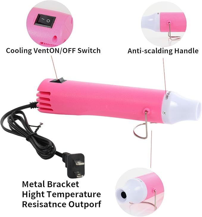 Pink 110V 300W Mini Heat Gun, Portable Hot Air Gun with Stand for Shrinking Wrap, Embossing and Paint Drying