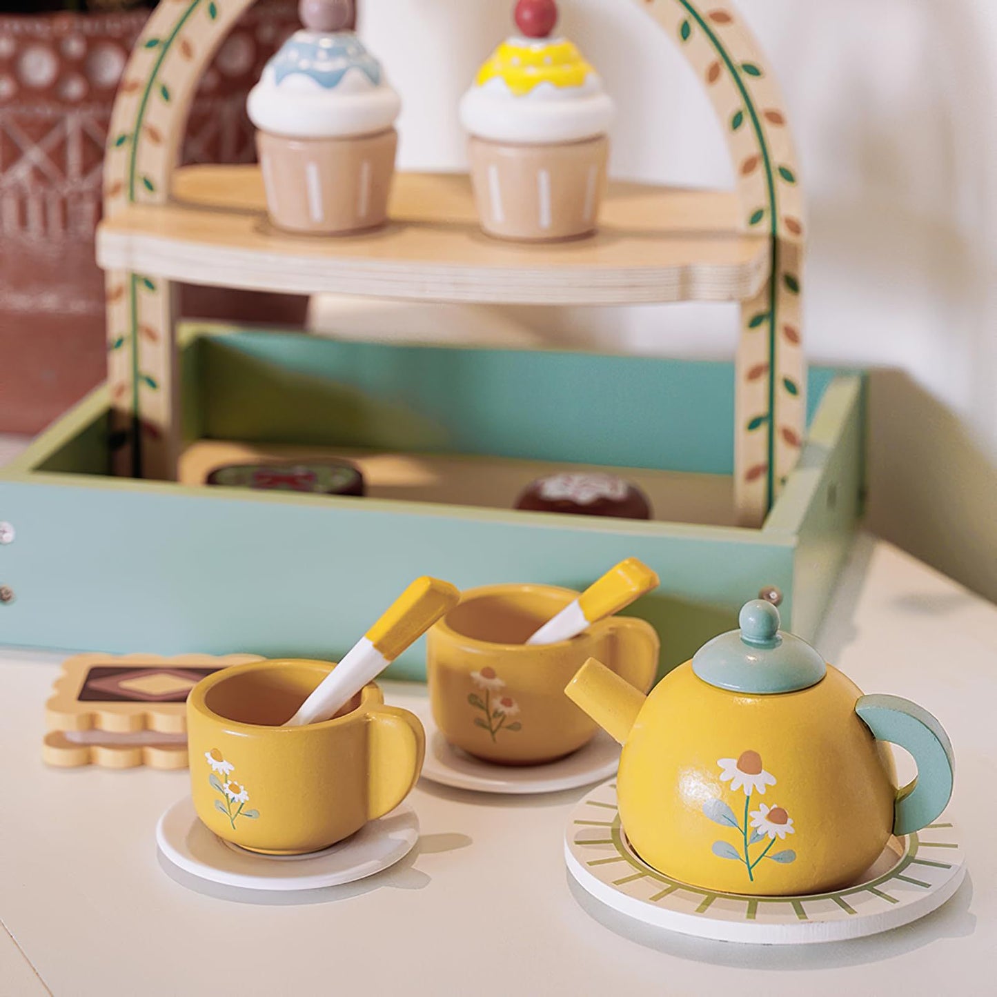 Wooden Dessert Cake Tea Party Set for Little Girls Toys, Pretend Play Kids Tea Set for Toddlers Wood Toys,Wooden Play Food Kitchen