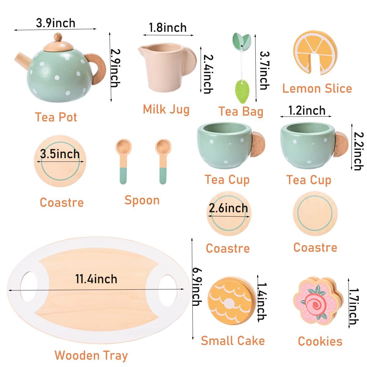 15pcs Wooden Tea Set for Little Girls, Wooden Toys, Toddler Tea Set Play Kitchen Accessories Play Food playset for Kids Tea Party